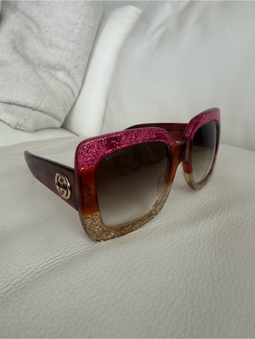 Gucci Pink and Gold Glitter Oversized Square Sunglasses